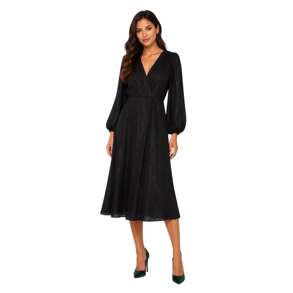 H&M Black Shimmer‎ Wrap Midi Dress Balloon Sleeve V-Neck Crinkle Texture XS